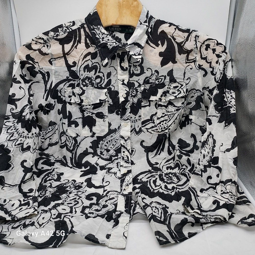 Lauren Ralph Lauren Womens 2X Cotton Silk Floral Paisley Button Down Shirt Black